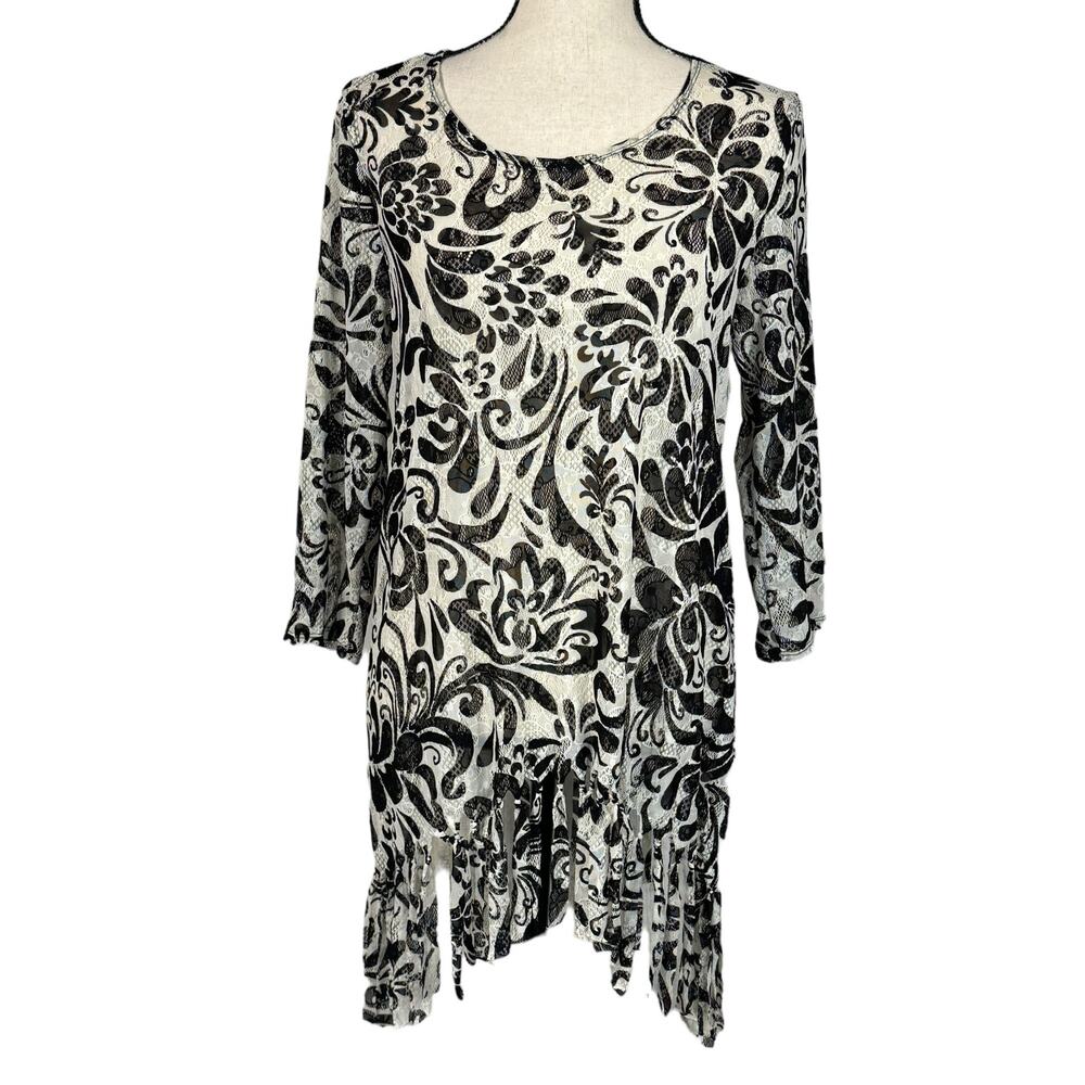 Chico’s Travelers SZ 1 (Small) Top Floral Sheer 3/4 Sleeve Asymmetrical Fringe